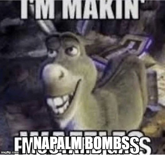 donkeh | NAPALM BOMBS | image tagged in donkey,i love the smell of napalm in the morning | made w/ Imgflip meme maker