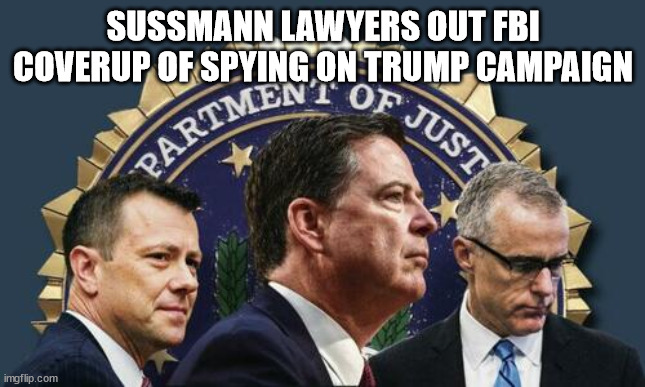 Crooked FBI | SUSSMANN LAWYERS OUT FBI COVERUP OF SPYING ON TRUMP CAMPAIGN | image tagged in government corruption,corrupt,fbi | made w/ Imgflip meme maker