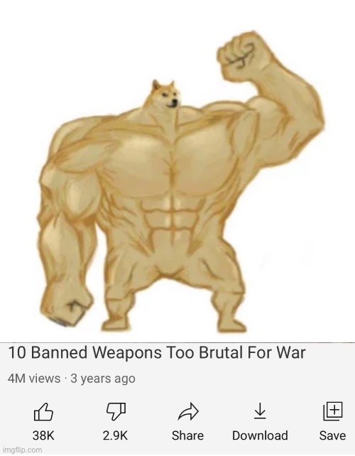 image tagged in cheems buff doge ultra doge,banned weapons too brutal for war | made w/ Imgflip meme maker