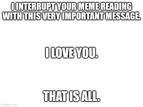 Blank White Template | I INTERRUPT YOUR MEME READING WITH THIS VERY IMPORTANT MESSAGE. I LOVE YOU. THAT IS ALL. | image tagged in blank white template | made w/ Imgflip meme maker