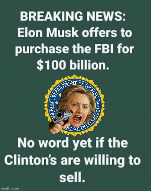 Elon Musk buys FBI | image tagged in hillary clinton | made w/ Imgflip meme maker