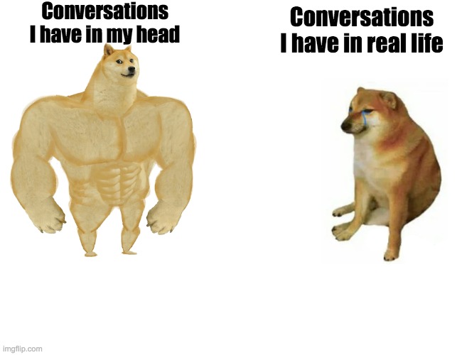 I hate my life =] |  Conversations I have in my head; Conversations I have in real life | image tagged in memes,buff doge vs cheems,doge,relateable,anxiety,awkward | made w/ Imgflip meme maker