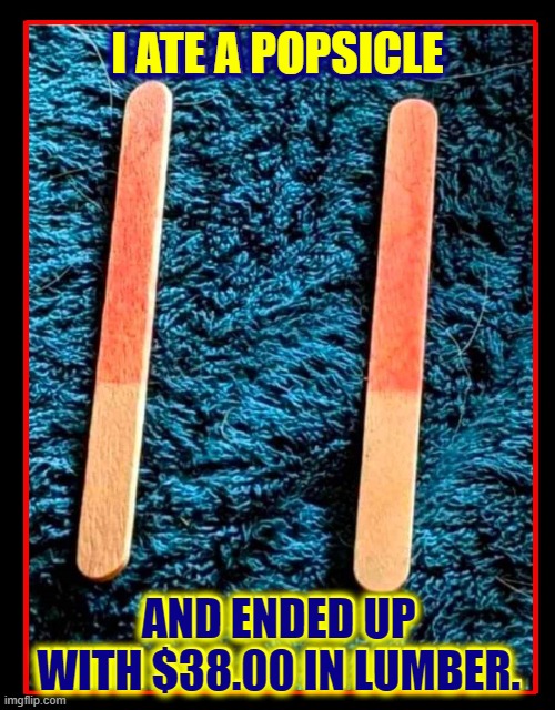 I'm not saying inflation is bad, but... | I ATE A POPSICLE; AND ENDED UP
WITH $38.00 IN LUMBER. | image tagged in vince vance,inflation,memes,popsicle,sticks,lumber | made w/ Imgflip meme maker