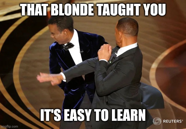 Will Smith punching Chris Rock | THAT BLONDE TAUGHT YOU IT'S EASY TO LEARN | image tagged in will smith punching chris rock | made w/ Imgflip meme maker