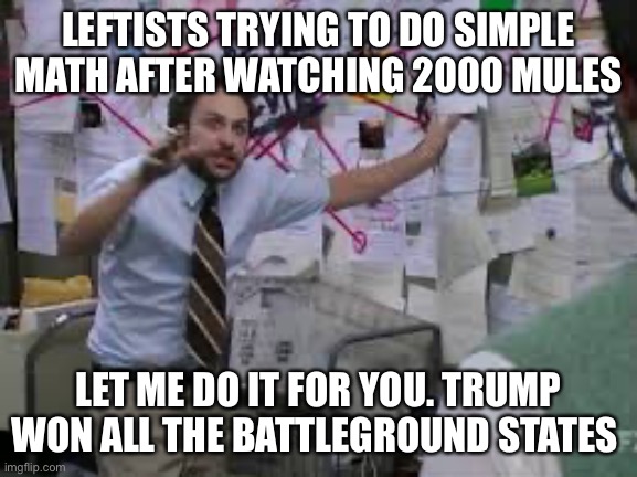 Just go upstairs and ask your mom to help you with the math. | LEFTISTS TRYING TO DO SIMPLE MATH AFTER WATCHING 2000 MULES; LET ME DO IT FOR YOU. TRUMP WON ALL THE BATTLEGROUND STATES | image tagged in conspiracy theory,trump won,2000 mules,democrat voter fraud,math is fun | made w/ Imgflip meme maker