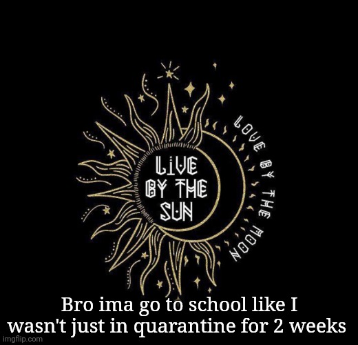 Love moon | Bro ima go to school like I wasn't just in quarantine for 2 weeks | image tagged in love moon | made w/ Imgflip meme maker