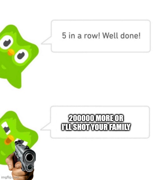 HEY YOU NEED MORE ROW!! | 200000 MORE OR I'LL SHOT YOUR FAMILY | image tagged in duolingo 5 in a row,duolingo gun,duolingo,memes | made w/ Imgflip meme maker
