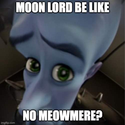 moon lord kill #234 | MOON LORD BE LIKE; NO MEOWMERE? | image tagged in megamind peeking,shitpost,terraria,no bitches | made w/ Imgflip meme maker