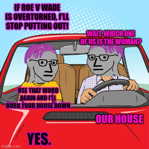 Liberal problems | IF ROE V WADE IS OVERTURNED, I'LL STOP PUTTING OUT! WAIT. WHICH ONE OF US IS THE WOMAN? USE THAT WORD AGAIN AND I'LL BURN YOUR HOUSE DOWN; OUR HOUSE; YES. | image tagged in liberal,problems,npc,this meme offends,my peaceful religion | made w/ Imgflip meme maker