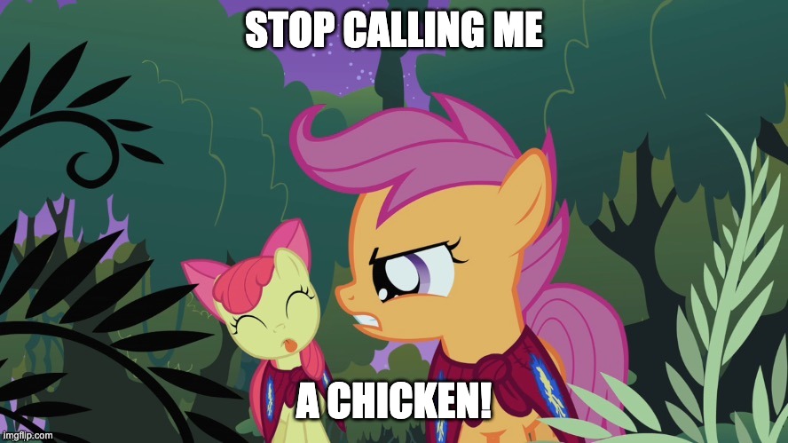 Scootaloo's a chicken! |  STOP CALLING ME; A CHICKEN! | image tagged in memes,scootaloo,applebloom,chicken | made w/ Imgflip meme maker