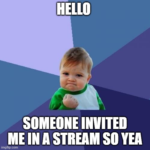 hello guys | HELLO; SOMEONE INVITED ME IN A STREAM SO YEA | image tagged in memes,success kid | made w/ Imgflip meme maker