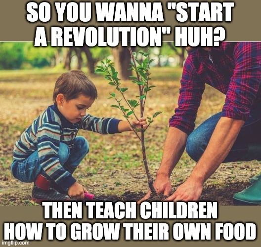 start a revolution |  SO YOU WANNA "START A REVOLUTION" HUH? THEN TEACH CHILDREN HOW TO GROW THEIR OWN FOOD | image tagged in self-sufficient,self-dependent,self-sustaining,off-grid,gardening,revolution | made w/ Imgflip meme maker
