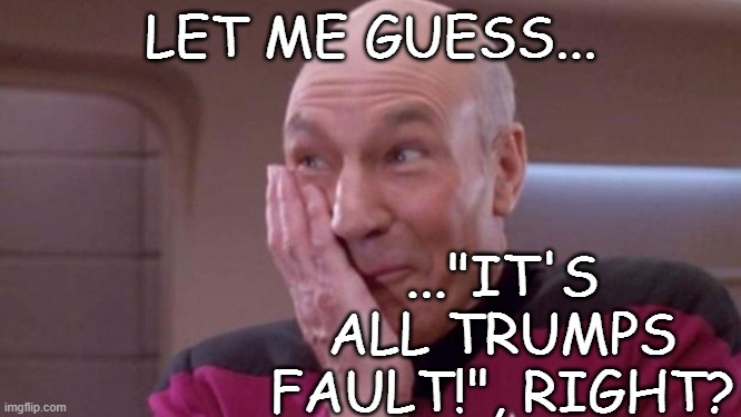picard oops | LET ME GUESS... ..."IT'S ALL TRUMPS FAULT!", RIGHT? | image tagged in picard oops | made w/ Imgflip meme maker