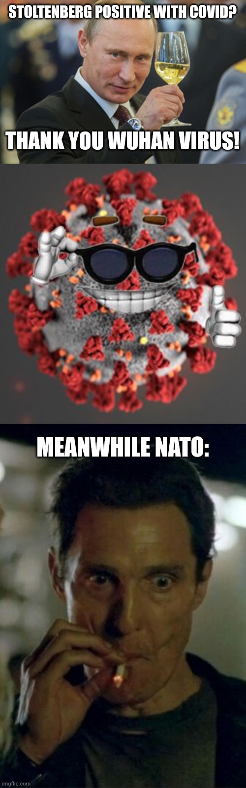 Stoltenberg got the 'rona | STOLTENBERG POSITIVE WITH COVID? THANK YOU WUHAN VIRUS! MEANWHILE NATO: | image tagged in putin cheers,coronavirus,covid-19,stoltenberg,nato,memes | made w/ Imgflip meme maker