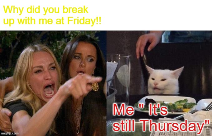 Well...... | Why did you break up with me at Friday!! Me " It's still Thursday" | image tagged in memes,woman yelling at cat | made w/ Imgflip meme maker