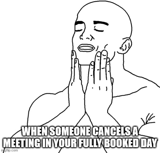 Fully booked day, work meme | WHEN SOMEONE CANCELS A MEETING IN YOUR FULLY BOOKED DAY | image tagged in shave,work,working,working from home | made w/ Imgflip meme maker