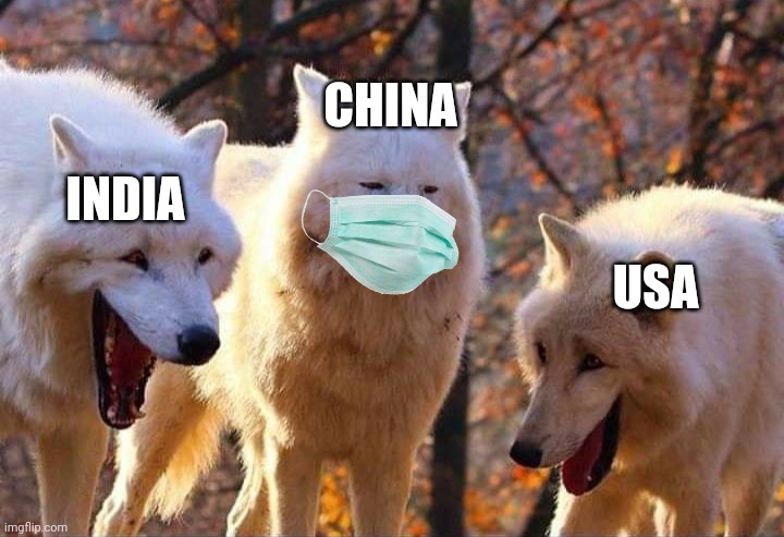 Whats covid | CHINA; INDIA; USA | image tagged in laughing wolf | made w/ Imgflip meme maker