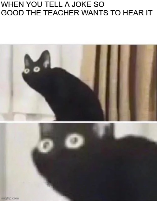 Oh no | WHEN YOU TELL A JOKE SO GOOD THE TEACHER WANTS TO HEAR IT | image tagged in oh no black cat | made w/ Imgflip meme maker