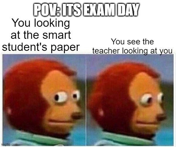 Monkey Puppet | POV: ITS EXAM DAY; You see the teacher looking at you; You looking at the smart student's paper | image tagged in memes,monkey puppet | made w/ Imgflip meme maker