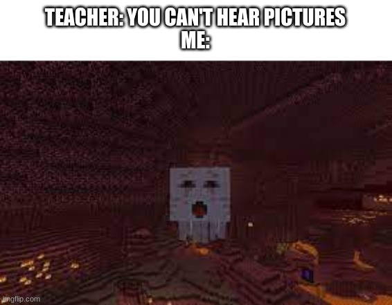 TEACHER: YOU CAN'T HEAR PICTURES
ME: | image tagged in minecraft,gaming,ghast | made w/ Imgflip meme maker