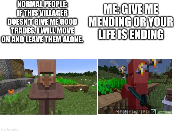 Blank White Template | NORMAL PEOPLE: IF THIS VILLAGER DOESN'T GIVE ME GOOD TRADES, I WILL MOVE ON AND LEAVE THEM ALONE. ME: GIVE ME MENDING OR YOUR LIFE IS ENDING | image tagged in blank white template,minecraft villagers,meme,funny,minecraft | made w/ Imgflip meme maker
