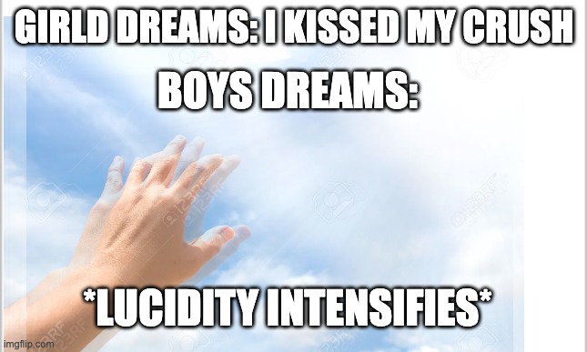 Lucid dreaming | GIRLD DREAMS: I KISSED MY CRUSH; BOYS DREAMS:; *LUCIDITY INTENSIFIES* | image tagged in dreams | made w/ Imgflip meme maker