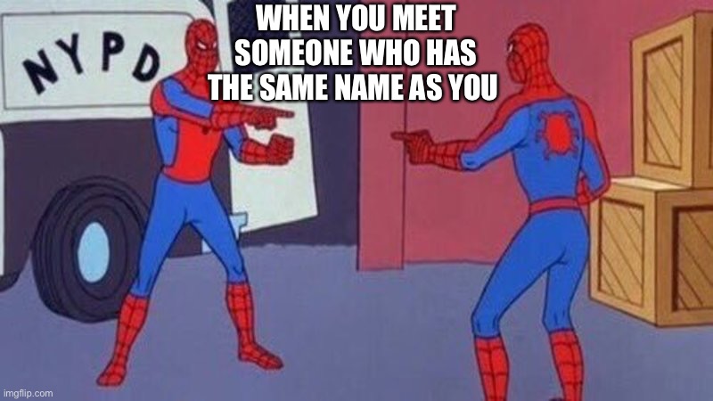 Spooder man |  WHEN YOU MEET SOMEONE WHO HAS THE SAME NAME AS YOU | image tagged in spooderman,yes | made w/ Imgflip meme maker