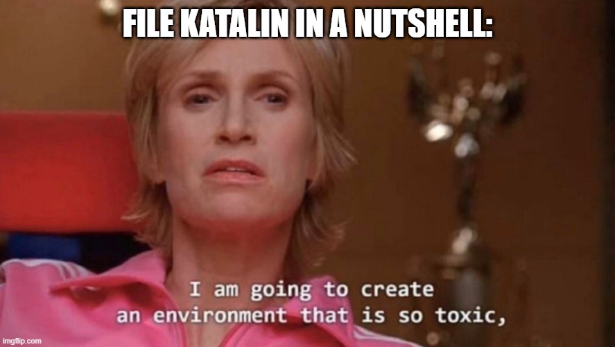 File Katalin In a Nutshell: | FILE KATALIN IN A NUTSHELL: | image tagged in an environment so toxic | made w/ Imgflip meme maker