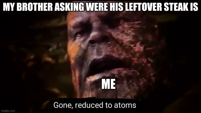 gone reduced to atoms |  MY BROTHER ASKING WERE HIS LEFTOVER STEAK IS; ME | image tagged in thanos gone reduced to atoms,pass the unsee juice my bro | made w/ Imgflip meme maker