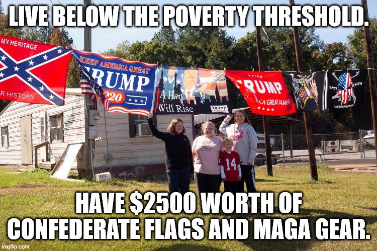 MAGA logic. | LIVE BELOW THE POVERTY THRESHOLD. HAVE $2500 WORTH OF CONFEDERATE FLAGS AND MAGA GEAR. | image tagged in maga logic,get a brain | made w/ Imgflip meme maker