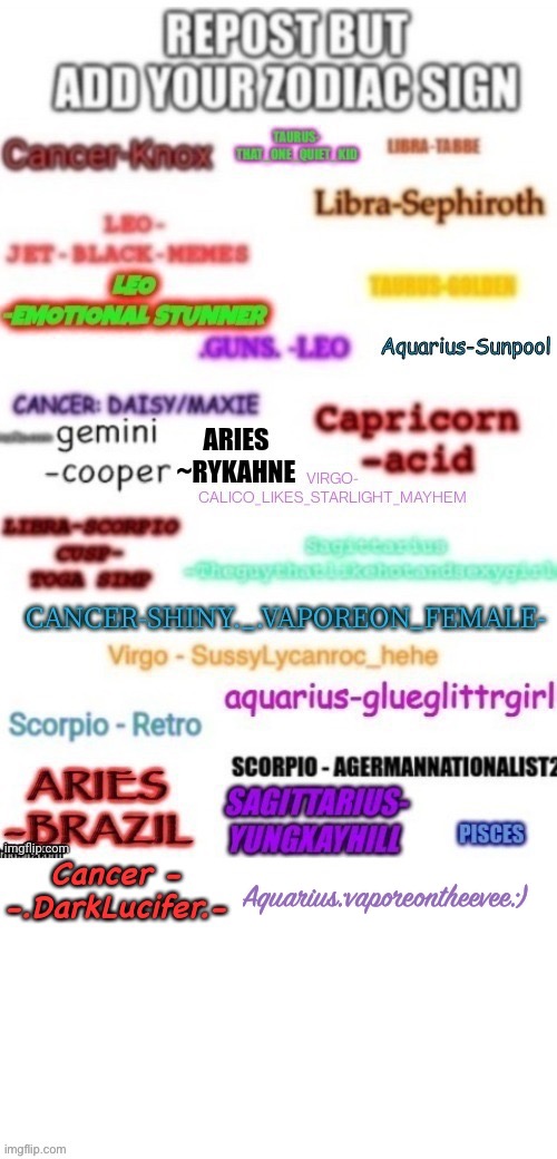 Repost with your zodiac sin | Aquarius:vaporeontheevee:) | image tagged in repost,zodiac signs | made w/ Imgflip meme maker