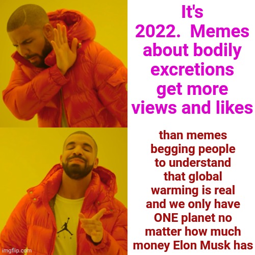 We Aren't Doomed But Our Kids And Their Kids Are |  It's 2022.  Memes about bodily excretions get more views and likes; than memes begging people to understand that global warming is real and we only have ONE planet no matter how much money Elon Musk has | image tagged in memes,drake hotline bling,idiots,denial,brainwashed,it's a planet | made w/ Imgflip meme maker