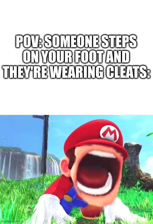 It hurts so much if you haven't suffered the pain |  POV: SOMEONE STEPS ON YOUR FOOT AND THEY'RE WEARING CLEATS: | image tagged in blank white template,mario screaming | made w/ Imgflip meme maker