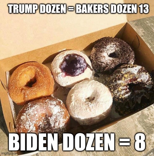 Biden Reimagining a Dozen Donuts! | TRUMP DOZEN = BAKERS DOZEN 13; BIDEN DOZEN = 8 | image tagged in biden inflation,biden shrinkflation,biden economy,biden increasing money supply | made w/ Imgflip meme maker
