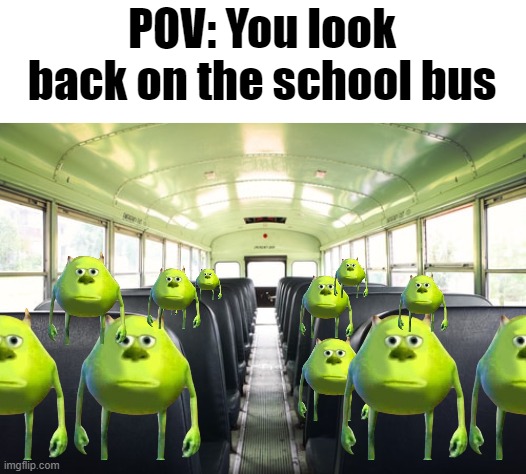 When you turn your head on the school bus. |  POV: You look back on the school bus | image tagged in mike wazowski,funny memes,funny,relatable,why,school bus | made w/ Imgflip meme maker