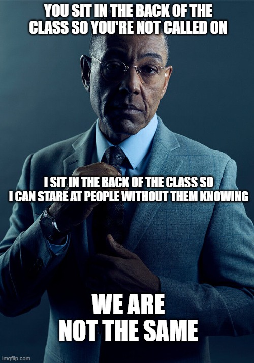 Gus Fring we are not the same | YOU SIT IN THE BACK OF THE CLASS SO YOU'RE NOT CALLED ON; I SIT IN THE BACK OF THE CLASS SO I CAN STARE AT PEOPLE WITHOUT THEM KNOWING; WE ARE NOT THE SAME | image tagged in gus fring we are not the same | made w/ Imgflip meme maker
