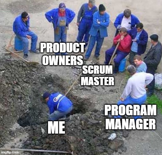 IT projects |  PRODUCT OWNERS; SCRUM MASTER; PROGRAM MANAGER; ME | image tagged in work,work sucks | made w/ Imgflip meme maker
