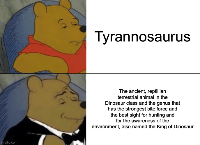 Tuxedo Winnie The Pooh | Tyrannosaurus; The ancient, reptillian terrestrial animal in the Dinosaur class and the genus that has the strongest bite force and the best sight for hunting and for the awareness of the environment, also named the King of Dinosaur | image tagged in memes,tuxedo winnie the pooh,oh wow are you actually reading these tags | made w/ Imgflip meme maker