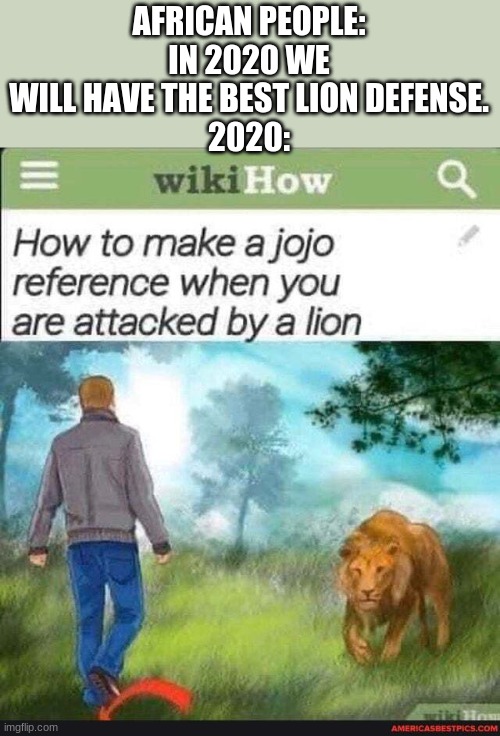 2020 | AFRICAN PEOPLE: IN 2020 WE WILL HAVE THE BEST LION DEFENSE.
2020: | image tagged in lion jojo | made w/ Imgflip meme maker