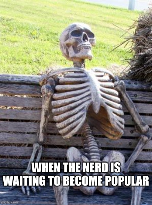 Waiting Skeleton | WHEN THE NERD IS WAITING TO BECOME POPULAR | image tagged in memes,waiting skeleton | made w/ Imgflip meme maker