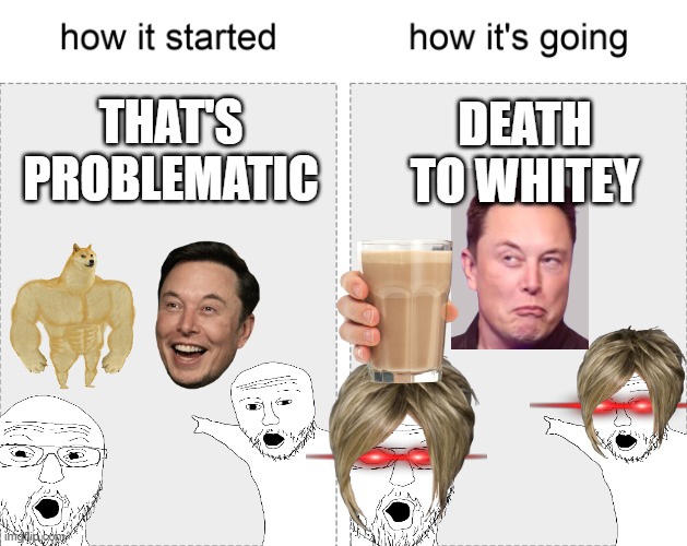 How it started vs how it's going | DEATH TO WHITEY; THAT'S PROBLEMATIC | image tagged in how it started vs how it's going | made w/ Imgflip meme maker