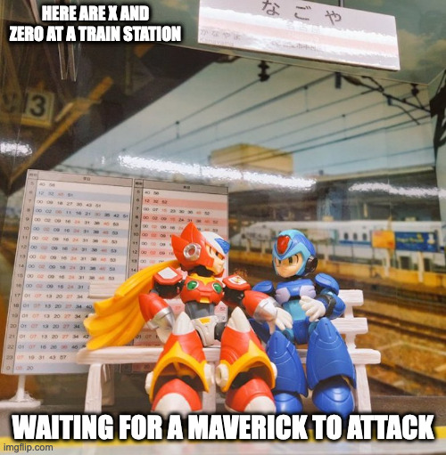 Reploids at a Train Station | HERE ARE X AND ZERO AT A TRAIN STATION; WAITING FOR A MAVERICK TO ATTACK | image tagged in megaman,megaman x,zero,memes | made w/ Imgflip meme maker