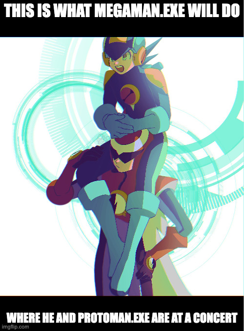 MegaMan.EXE on Top of ProtoMan.EXE | THIS IS WHAT MEGAMAN.EXE WILL DO; WHERE HE AND PROTOMAN.EXE ARE AT A CONCERT | image tagged in megaman,megaman battle network,memes | made w/ Imgflip meme maker