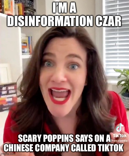 Scary Poppins | I’M A DISINFORMATION CZAR; SCARY POPPINS SAYS ON A CHINESE COMPANY CALLED TIKTOK | image tagged in nina jankowicz,tiktok | made w/ Imgflip meme maker
