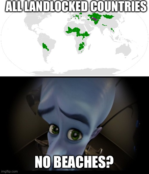 No beaches? | ALL LANDLOCKED COUNTRIES; NO BEACHES? | image tagged in megamind no bitches | made w/ Imgflip meme maker