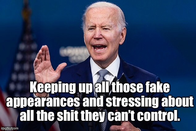 Joe Biden | Keeping up all those fake appearances and stressing about all the shit they can’t control. | image tagged in joe biden,stressing,fake appearances,control | made w/ Imgflip meme maker