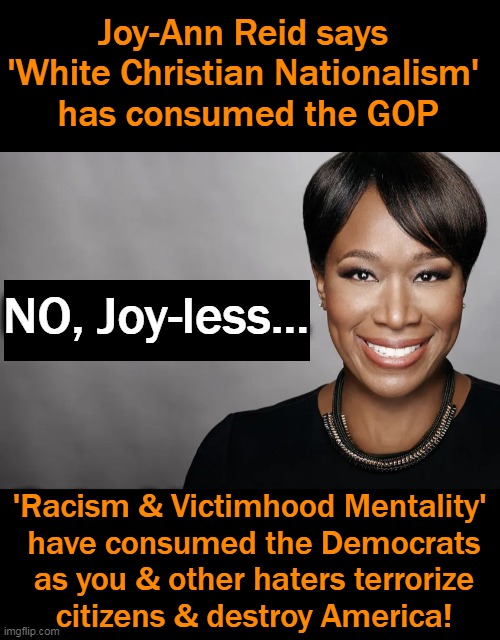 Divisive & Destructive Democrats vs Common Sense Conservatives . . . | Joy-Ann Reid says 
'White Christian Nationalism' 
has consumed the GOP; NO, Joy-less... 'Racism & Victimhood Mentality' 
have consumed the Democrats
as you & other haters terrorize
citizens & destroy America! | image tagged in politics,democrats,republicans,america last vs america first,destruction of america vs american exceptionalism,wrong vs right | made w/ Imgflip meme maker
