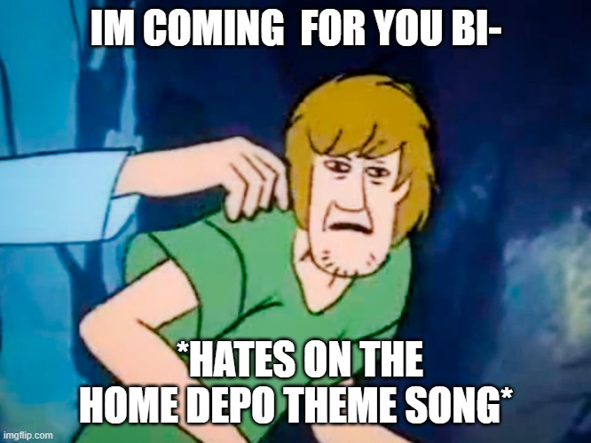 Shaggy meme | IM COMING  FOR YOU BI-; *HATES ON THE HOME DEPO THEME SONG* | image tagged in shaggy meme | made w/ Imgflip meme maker
