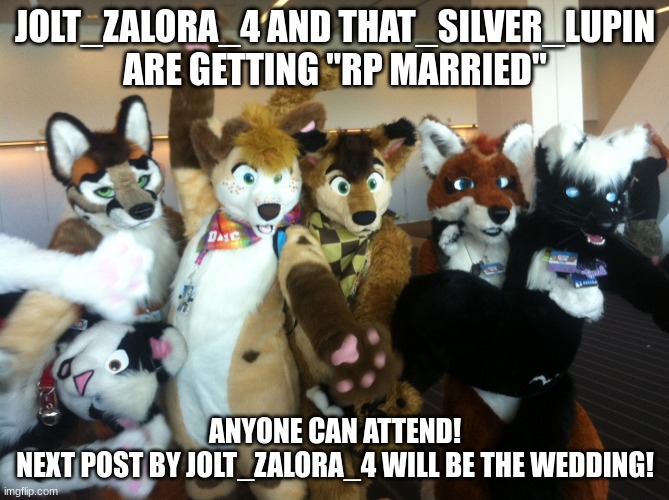 FURRY WEDDING!!! F*** YEAH!!! | JOLT_ZALORA_4 AND THAT_SILVER_LUPIN
ARE GETTING "RP MARRIED"; ANYONE CAN ATTEND!
NEXT POST BY JOLT_ZALORA_4 WILL BE THE WEDDING! | image tagged in furries | made w/ Imgflip meme maker