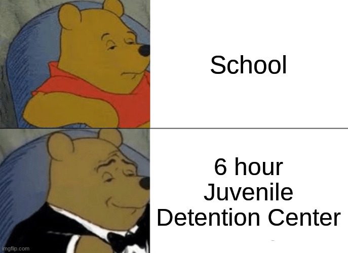 Tuxedo Winnie The Pooh | School; 6 hour Juvenile Detention Center | image tagged in memes,tuxedo winnie the pooh | made w/ Imgflip meme maker